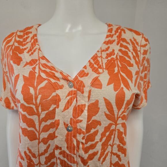 Rachel Zoe Top Size M Coral Floral Button Down Short Sleeve V-Neck 100% Linen - Picture 4 of 6